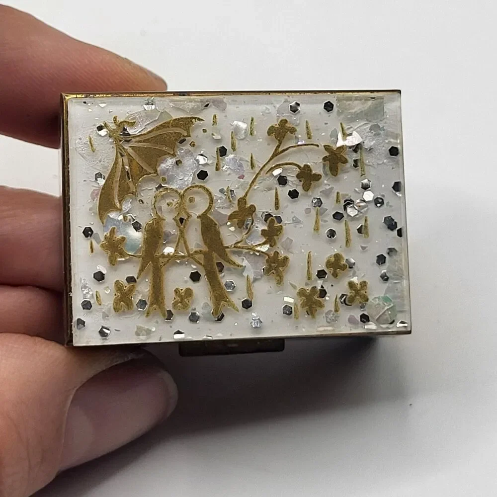 Vintage Trinket Pill Box Decorative Enamel or Resin Gold Motif Birds 1.5in